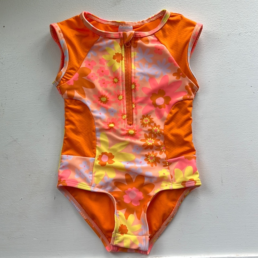 Cat & Jack orange/yellow floral rash guard zip front swimsuit sz 2T